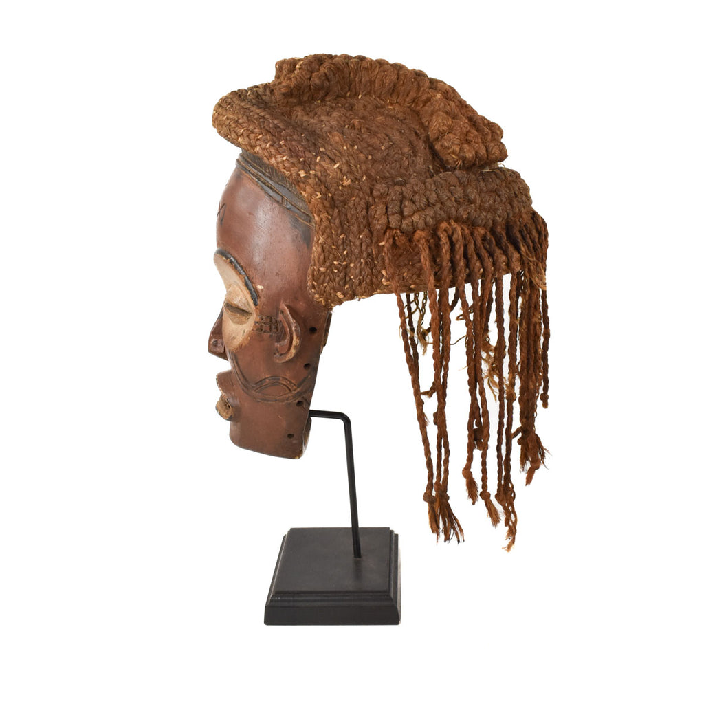 Chokwe Mask Mwana Pwo with Headdress on Custom Stand Congo