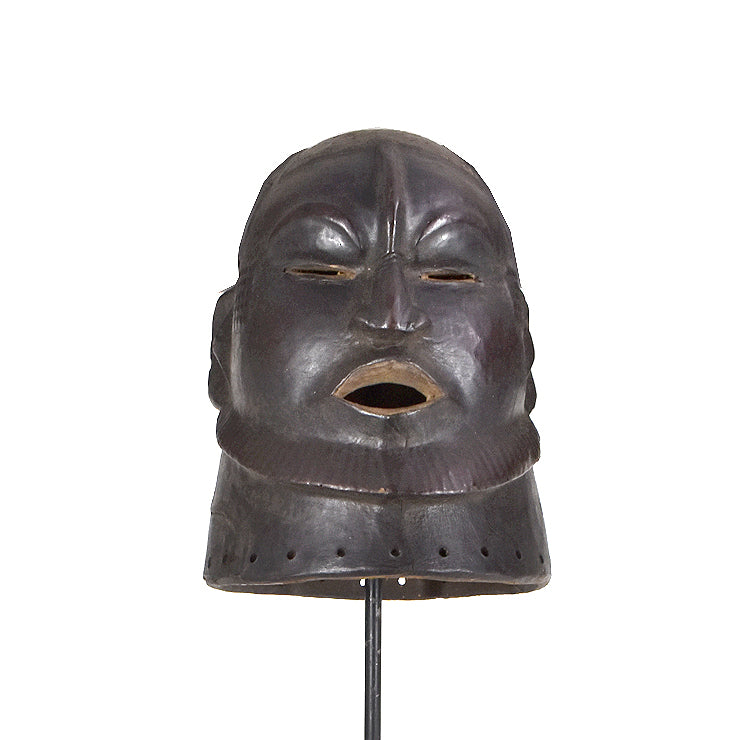 Ekoi Helmet Mask Leather Wrapped Wood Nigeria on Custom Stand