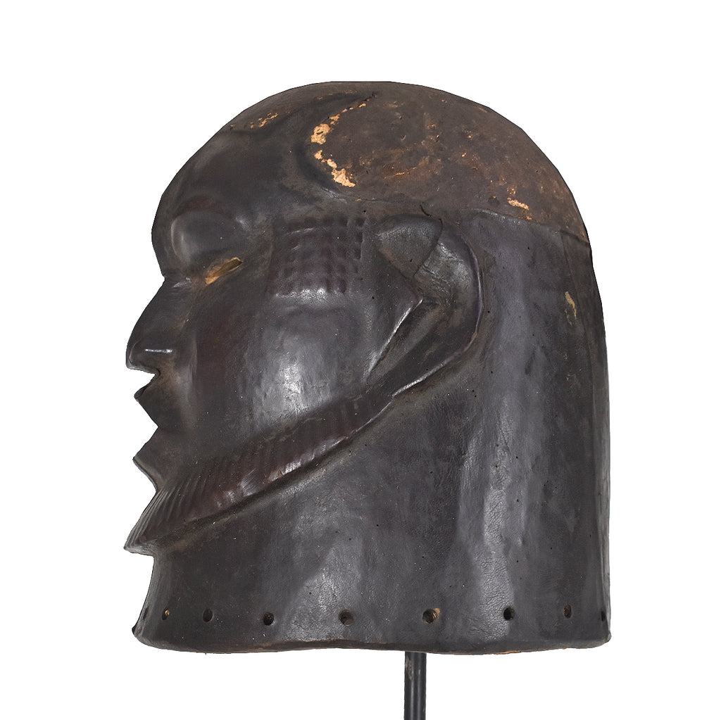 Ekoi Helmet Mask Leather Wrapped Wood Nigeria on Custom Stand