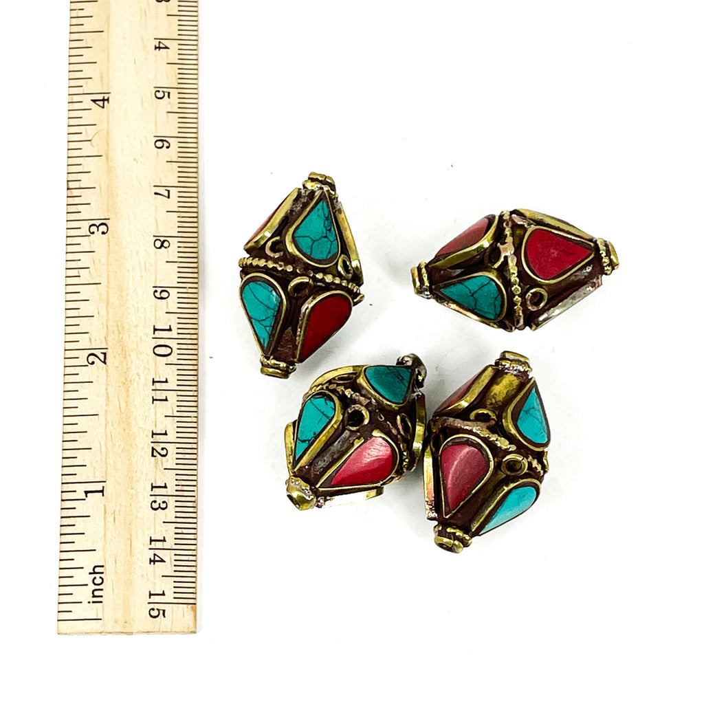 4 Loose Bicone Tibetan Inlaid Beads