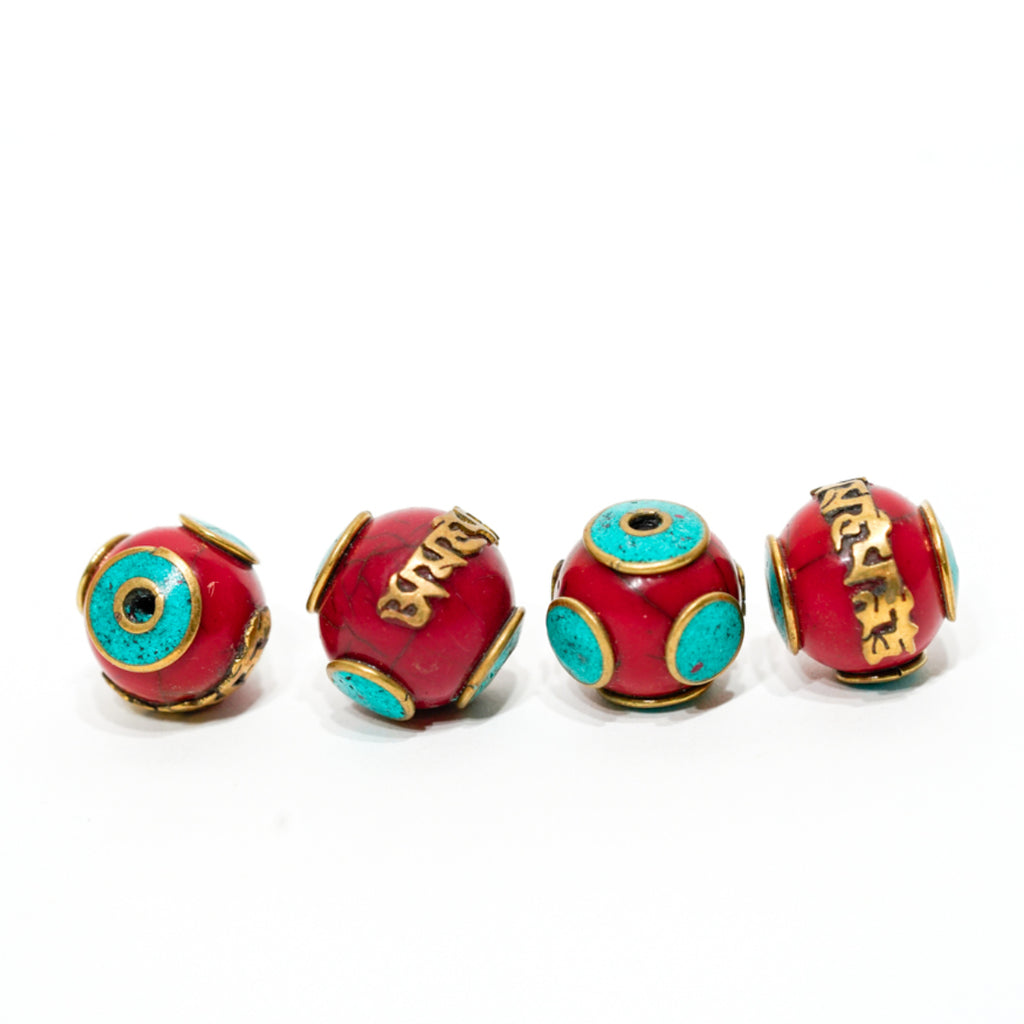 4 Tibetan Beads Round Red Turquoise Loose