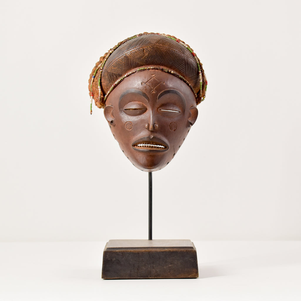 Chokwe Mask Mwana Pwo with Headdress Custom Stand Congo