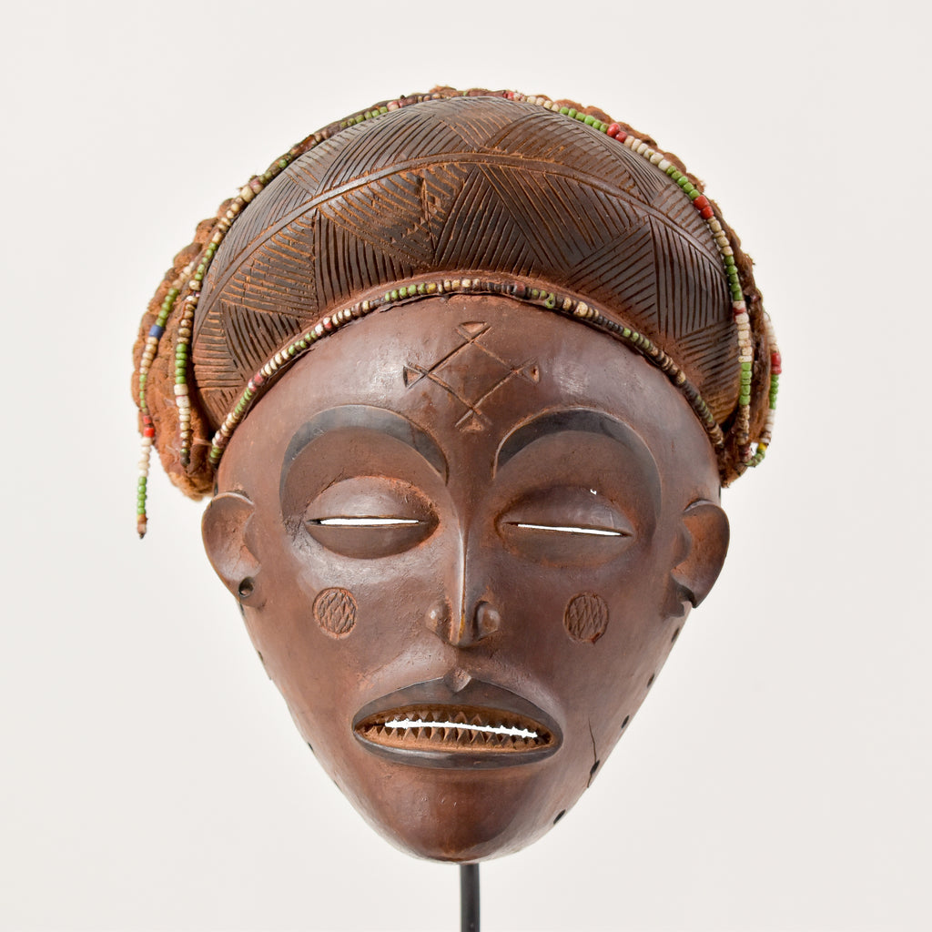 Chokwe Mask Mwana Pwo with Headdress Custom Stand Congo