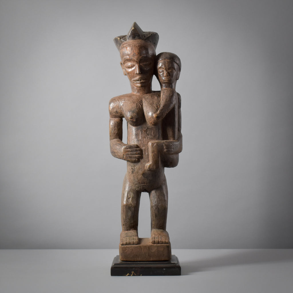 Chokwe Mother and Child Wood Figure on Custom Base Congo