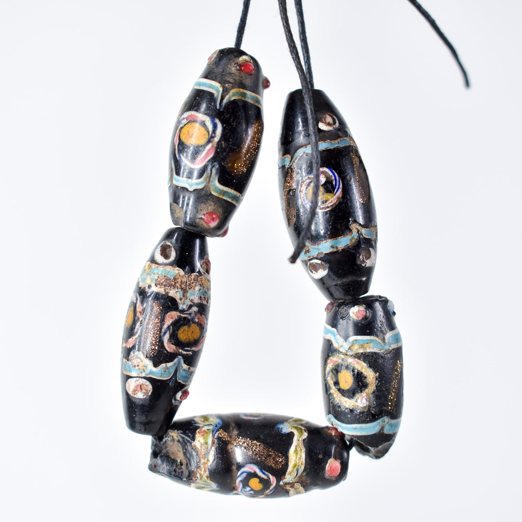 5 Aventurine Floral Venetian Black Trade Beads