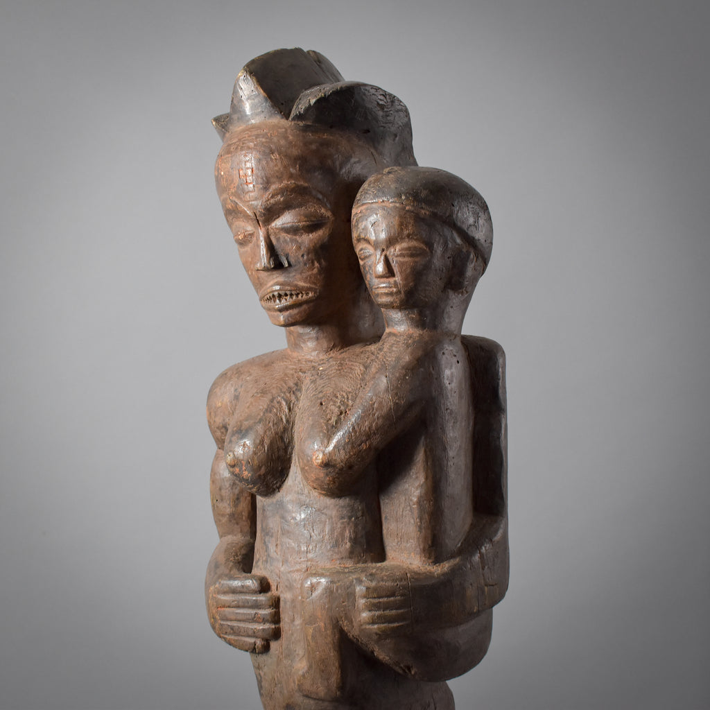 Chokwe Mother and Child Wood Figure on Custom Base Congo