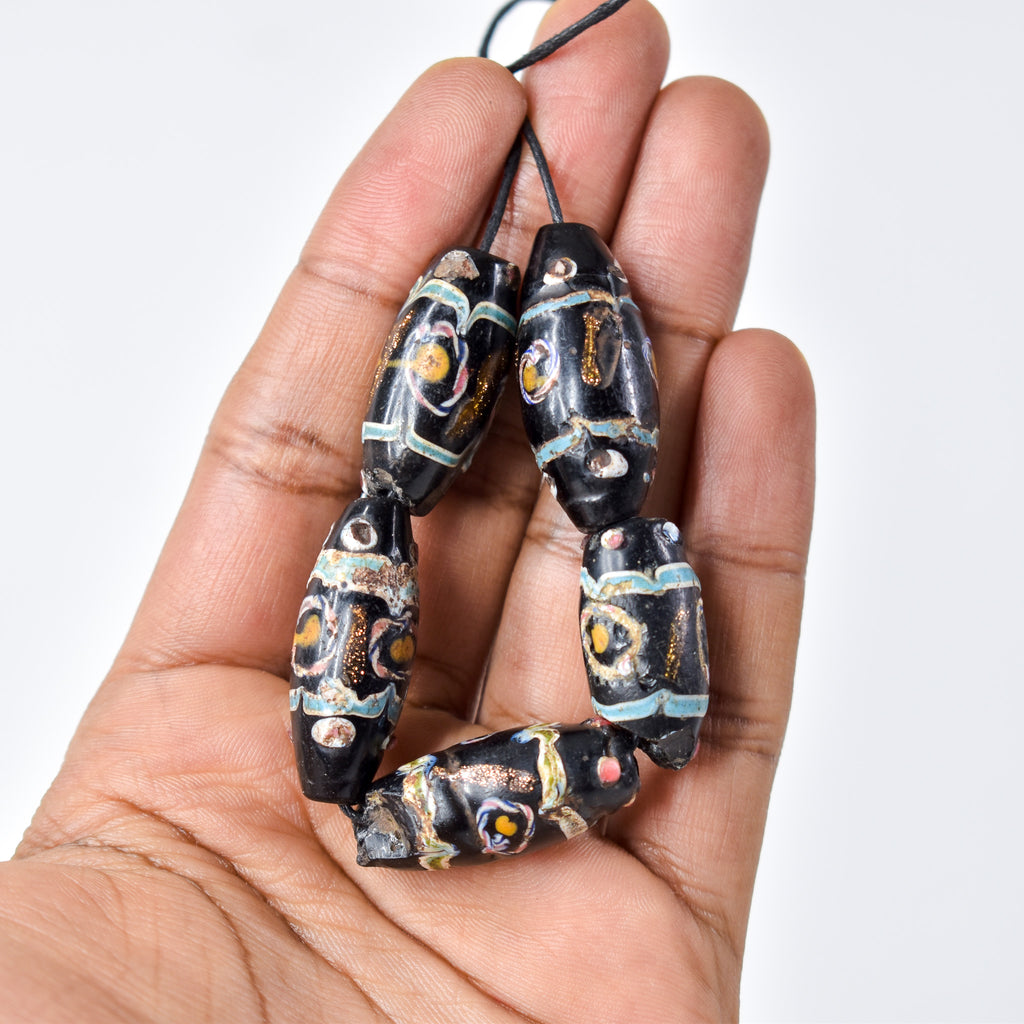 5 Aventurine Floral Venetian Black Trade Beads