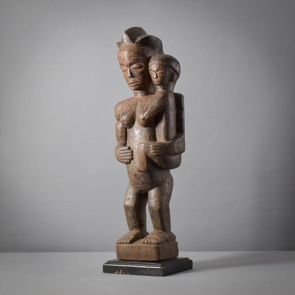 Chokwe Mother and Child Wood Figure on Custom Base Congo