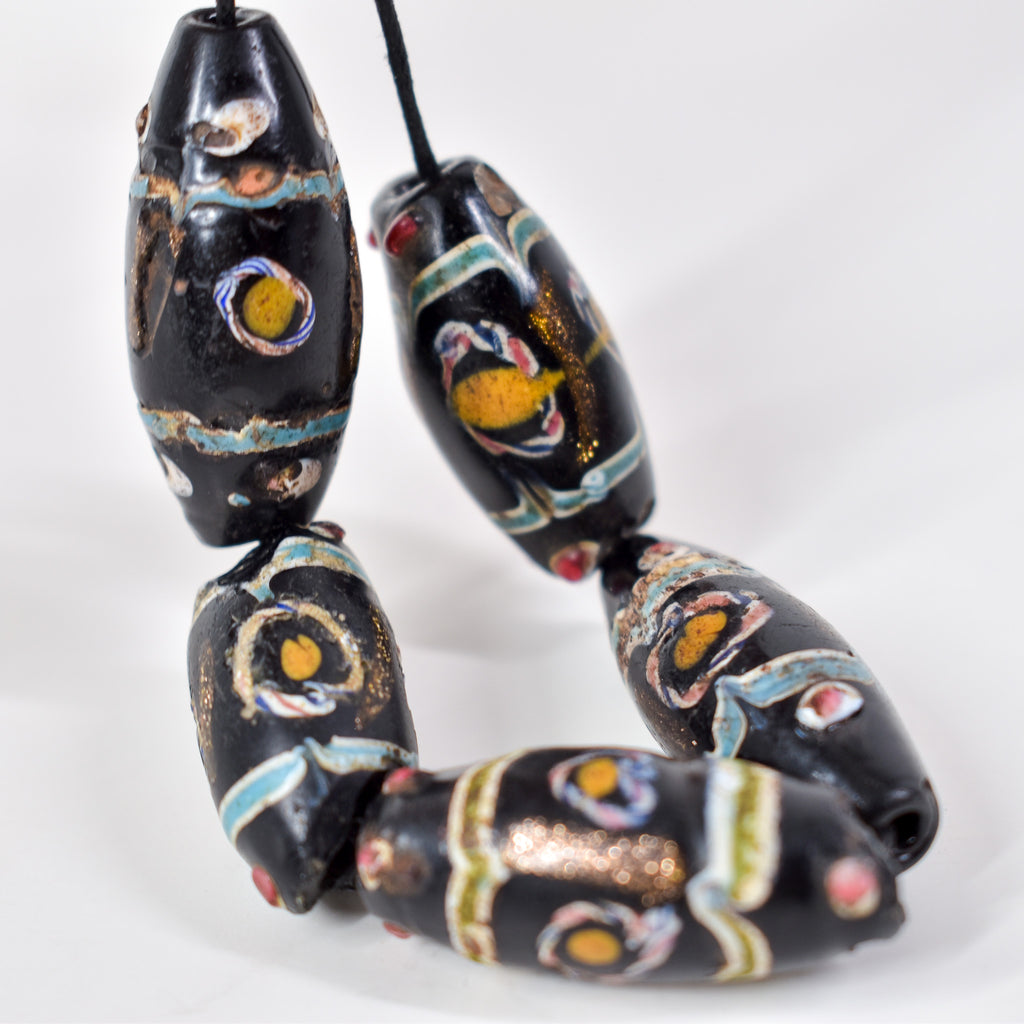 5 Aventurine Floral Venetian Black Trade Beads