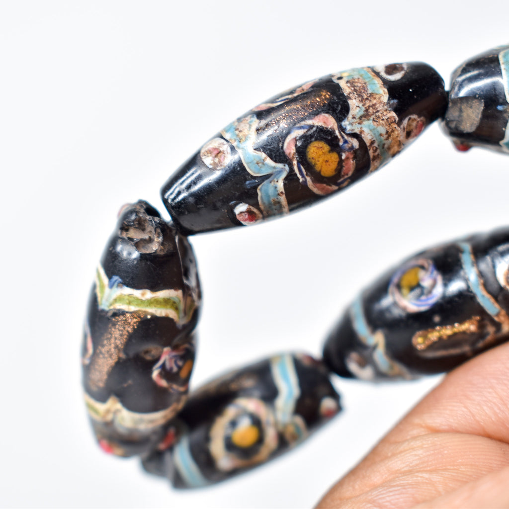 5 Aventurine Floral Venetian Black Trade Beads