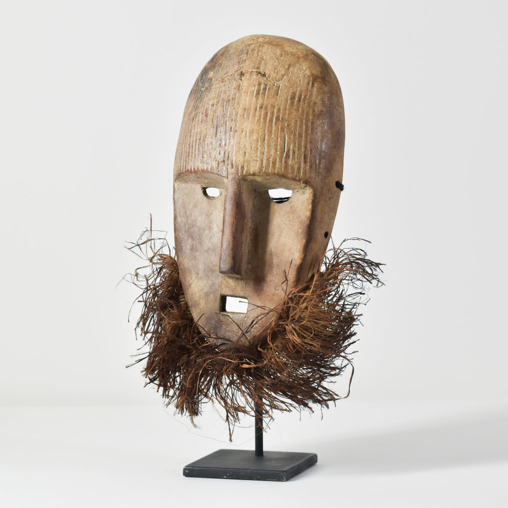 Metoko Wood Carved Mask With Raffia Fringe Congo