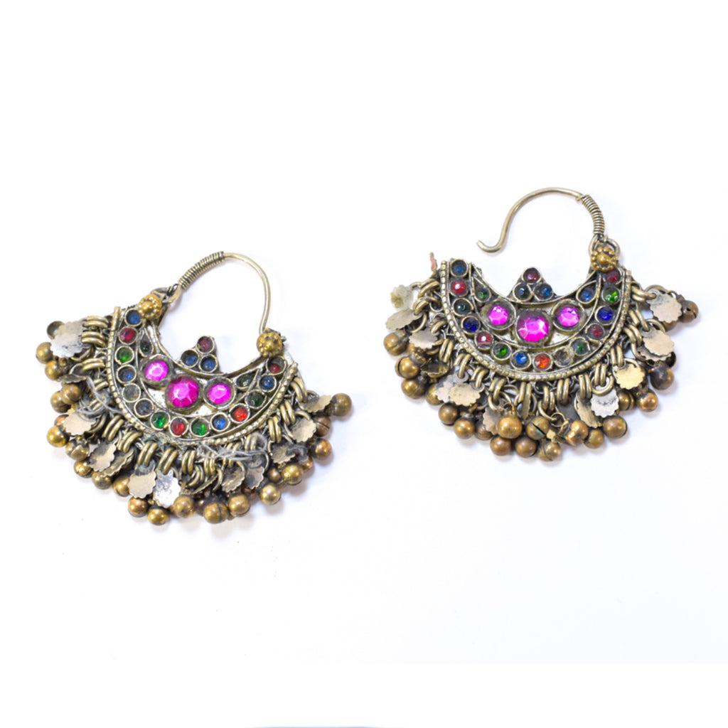 Gold Tibetan Earrings with colored glass gems