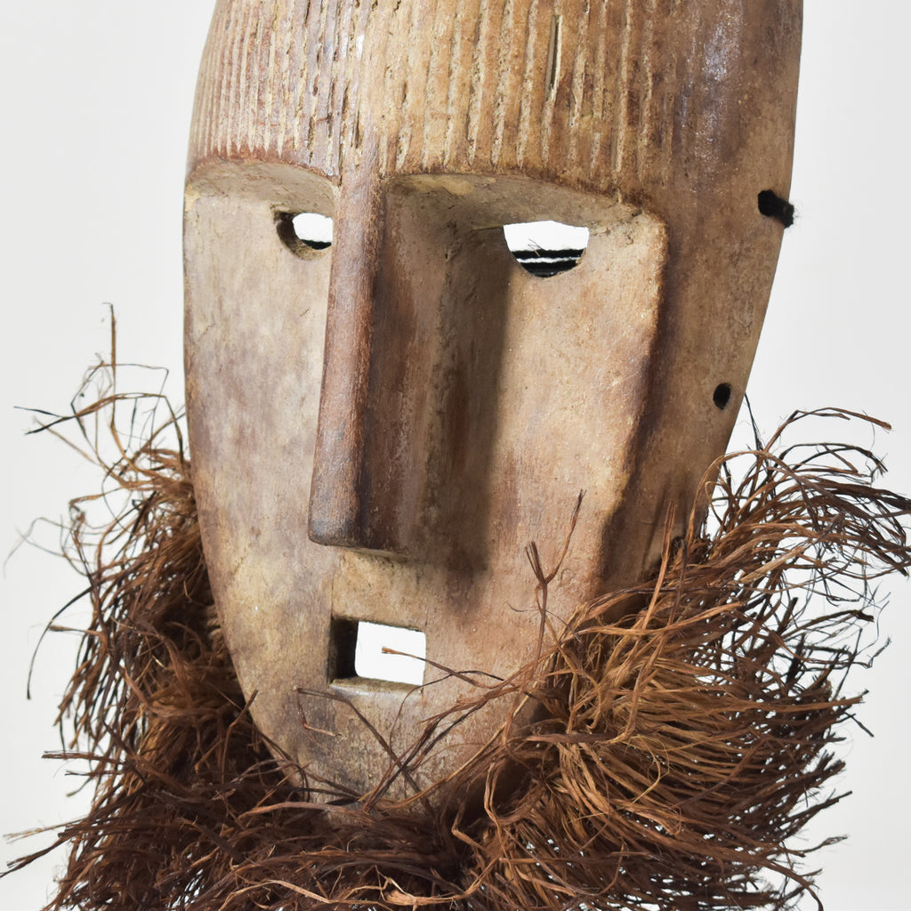 Metoko Wood Carved Mask With Raffia Fringe Congo