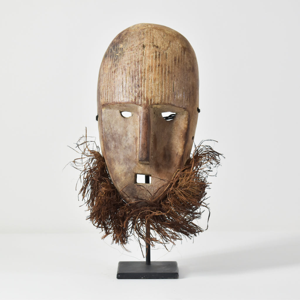 Metoko Wood Carved Mask With Raffia Fringe Congo