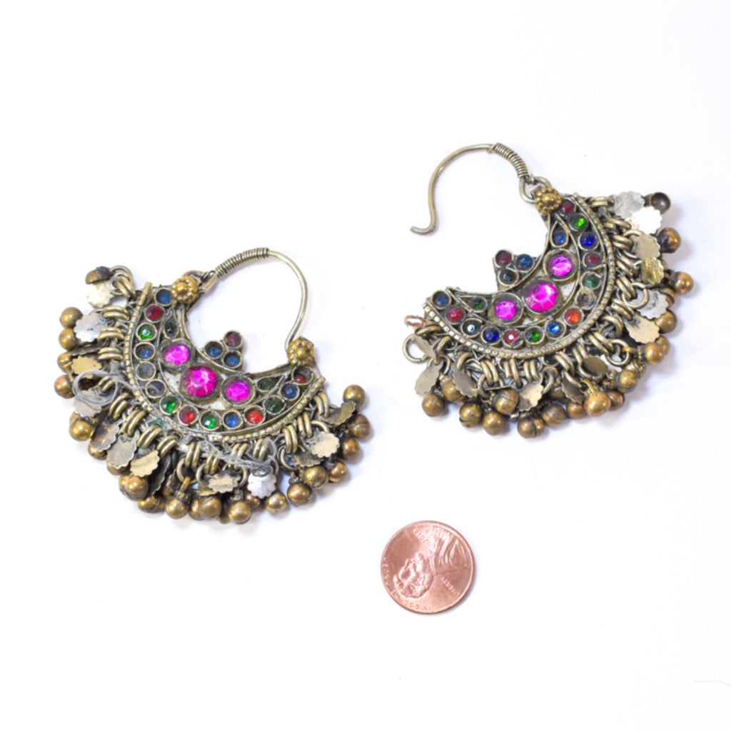 Gold Tibetan Earrings with colored glass gems