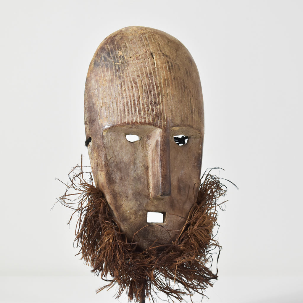 Metoko Wood Carved Mask With Raffia Fringe Congo