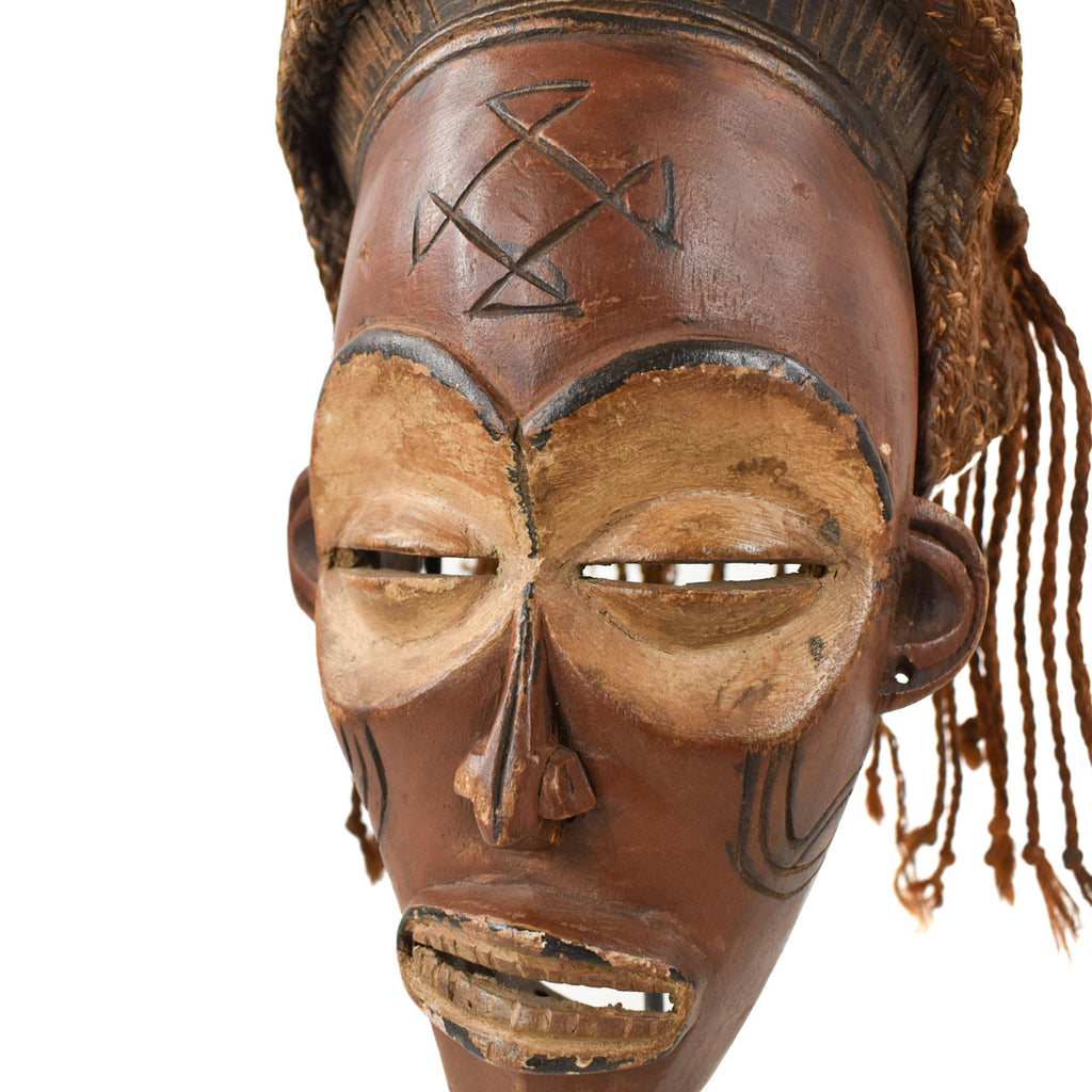 Chokwe Mask Mwana Pwo with Headdress on Custom Stand Congo