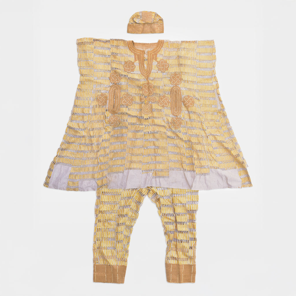 Hausa Boubou Outfit with Men's Top, Bottom and Hat Beige Nigeria