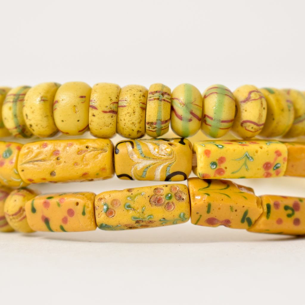 Venetian Yellow Trade Beads With Floral Rectangles 36 inch