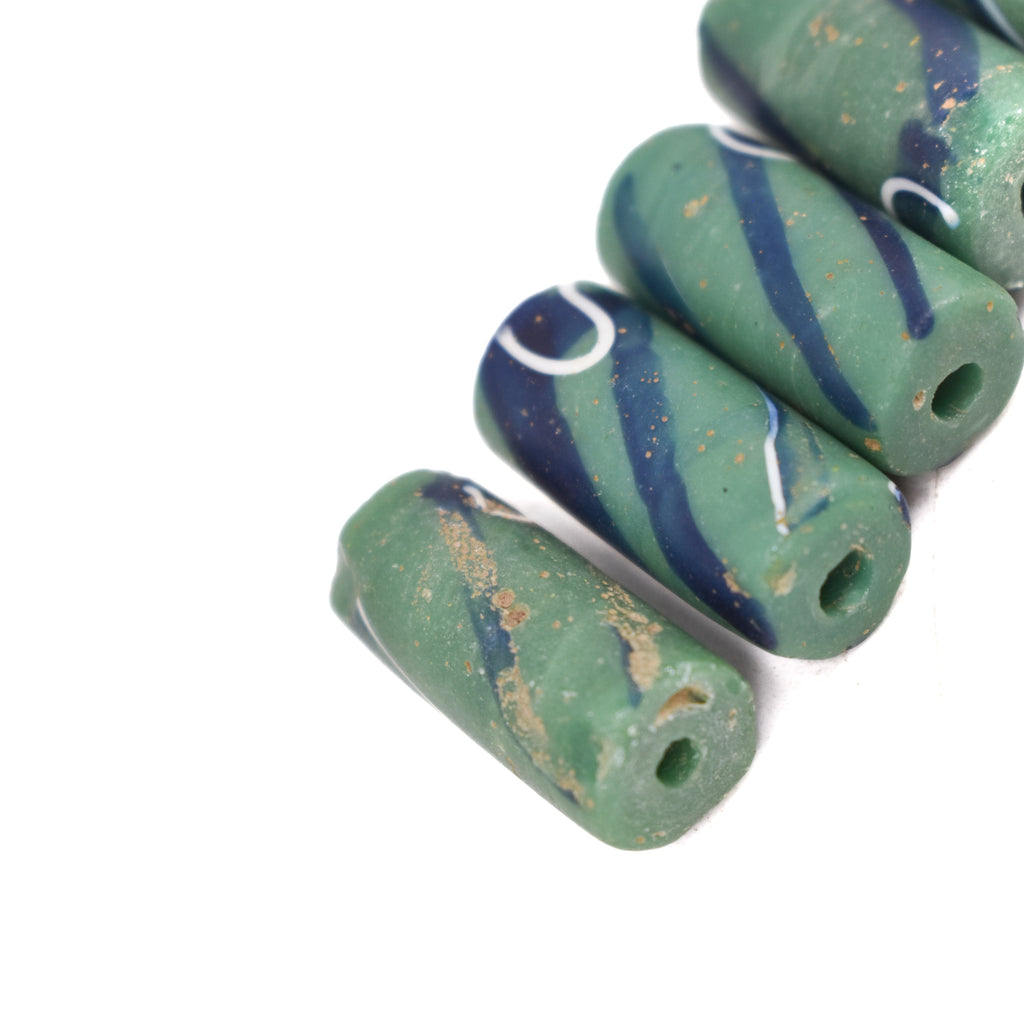 6 Green Striped Venetian Trade Beads