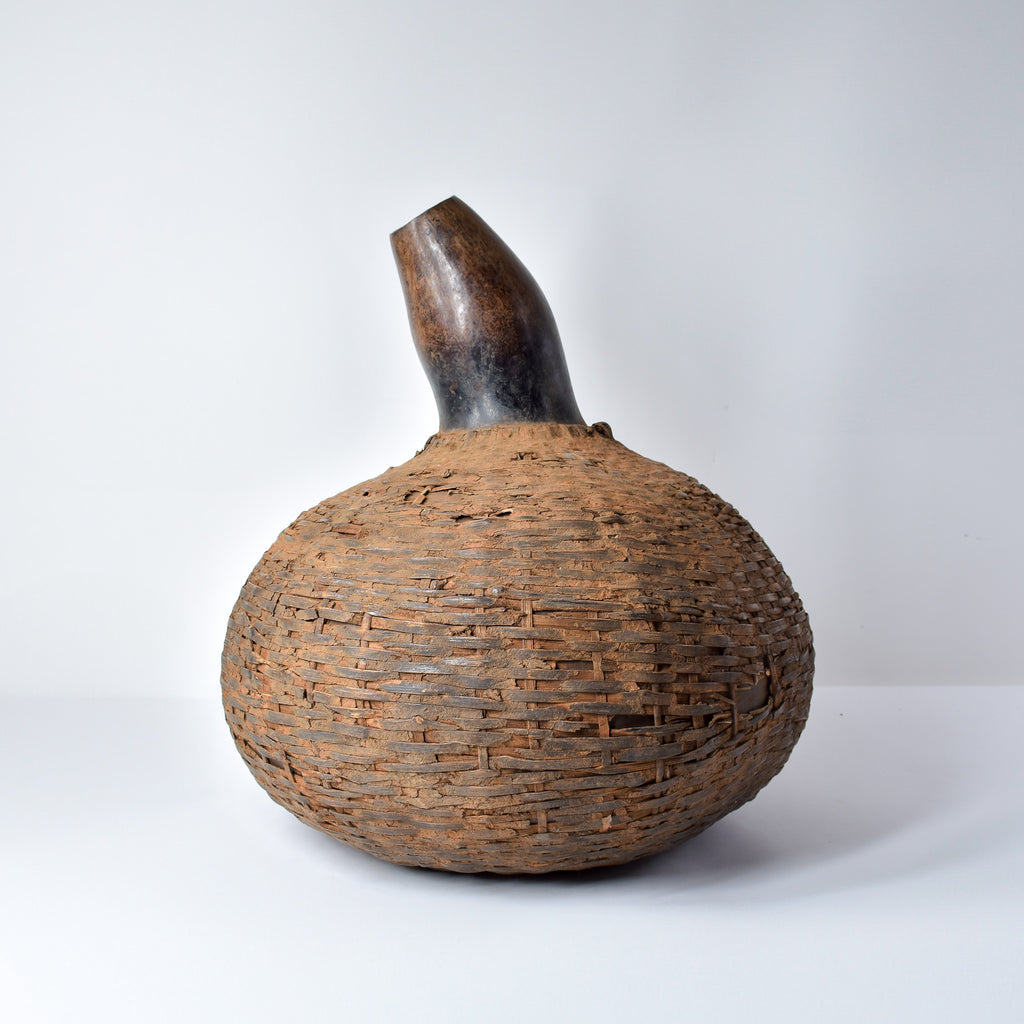 Ethiopian Royal Honey Pot Calabash with Rattan Basketry