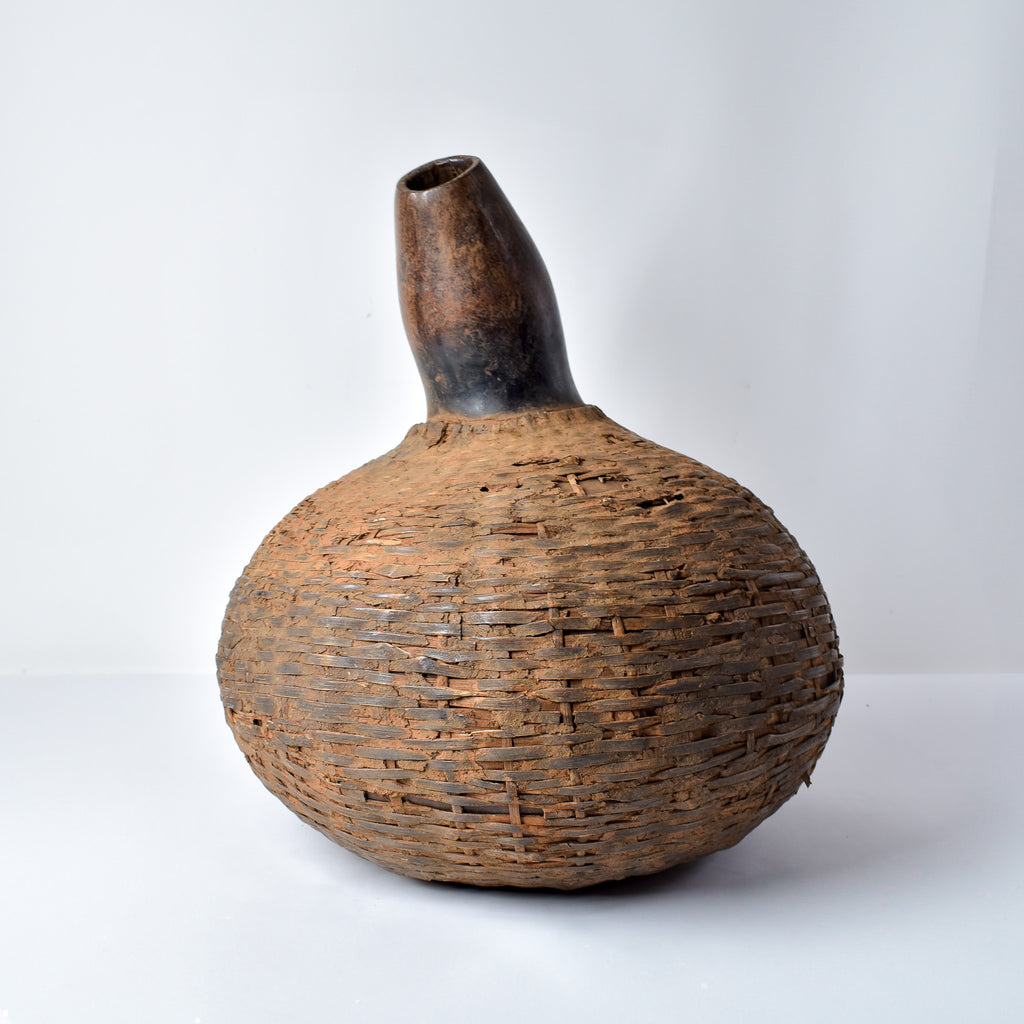 Ethiopian Royal Honey Pot Calabash with Rattan Basketry