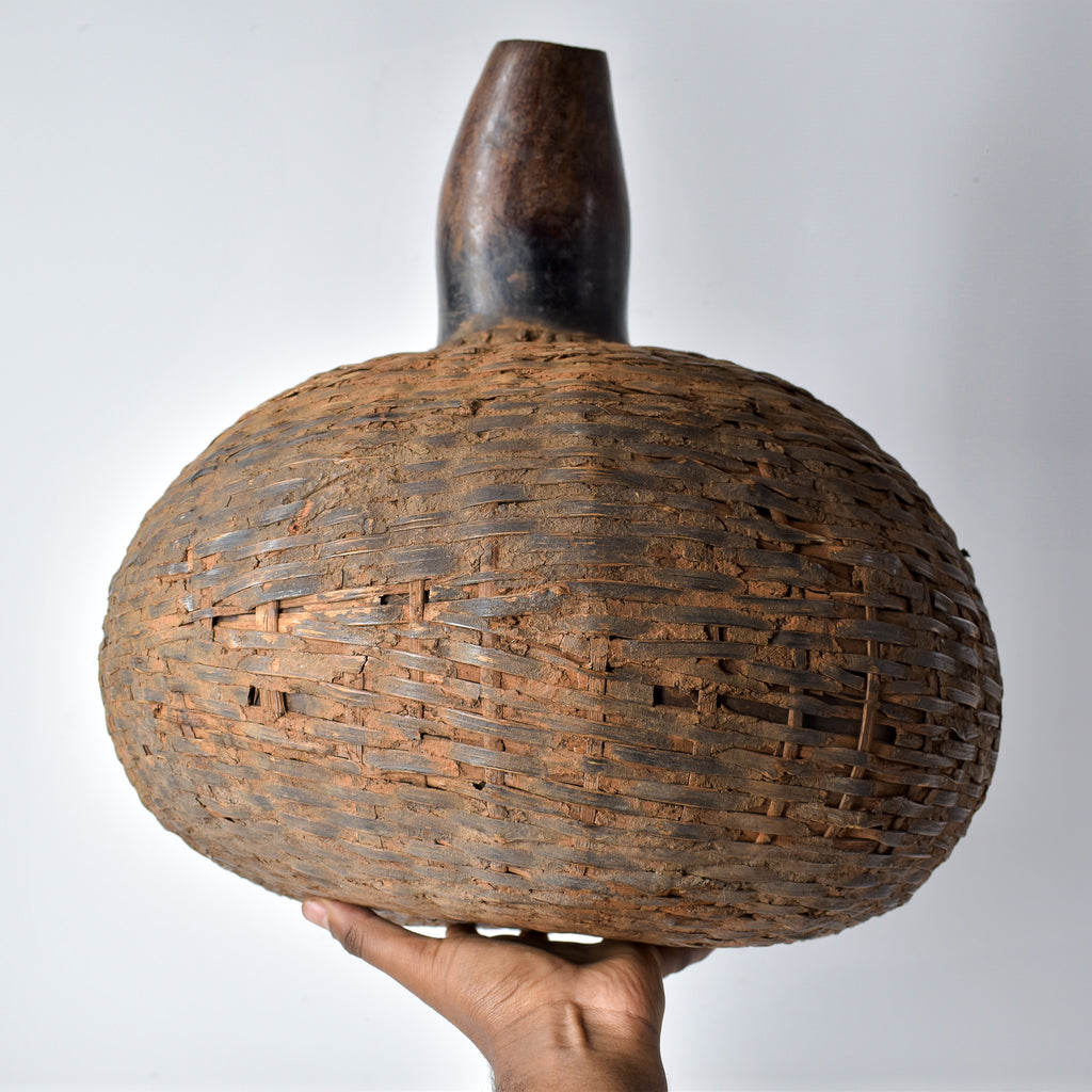 Ethiopian Royal Honey Pot Calabash with Rattan Basketry