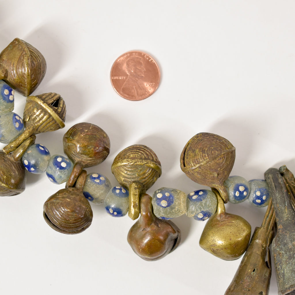 Yoruba Bells with Blue and White Skunk Venetian Trade Beads 37 inches