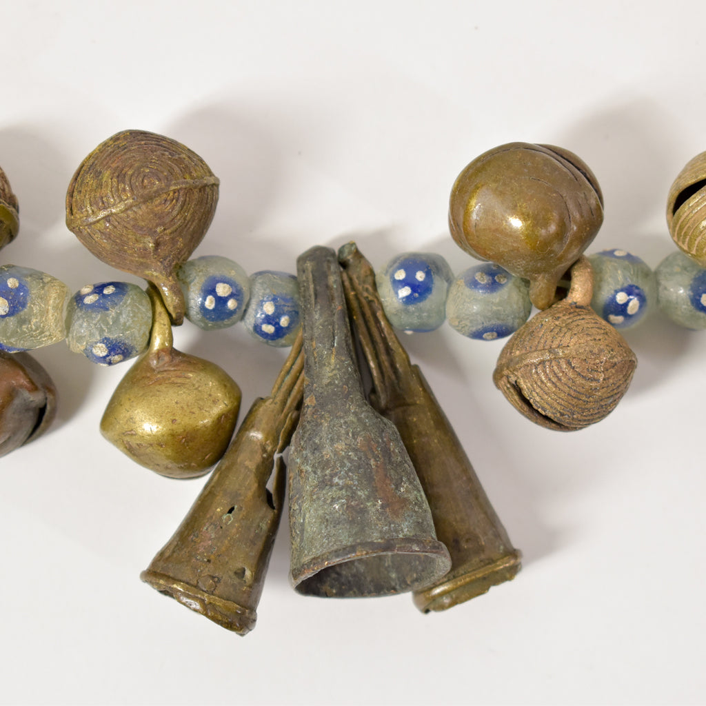 Yoruba Bells with Blue and White Skunk Venetian Trade Beads 37 inches