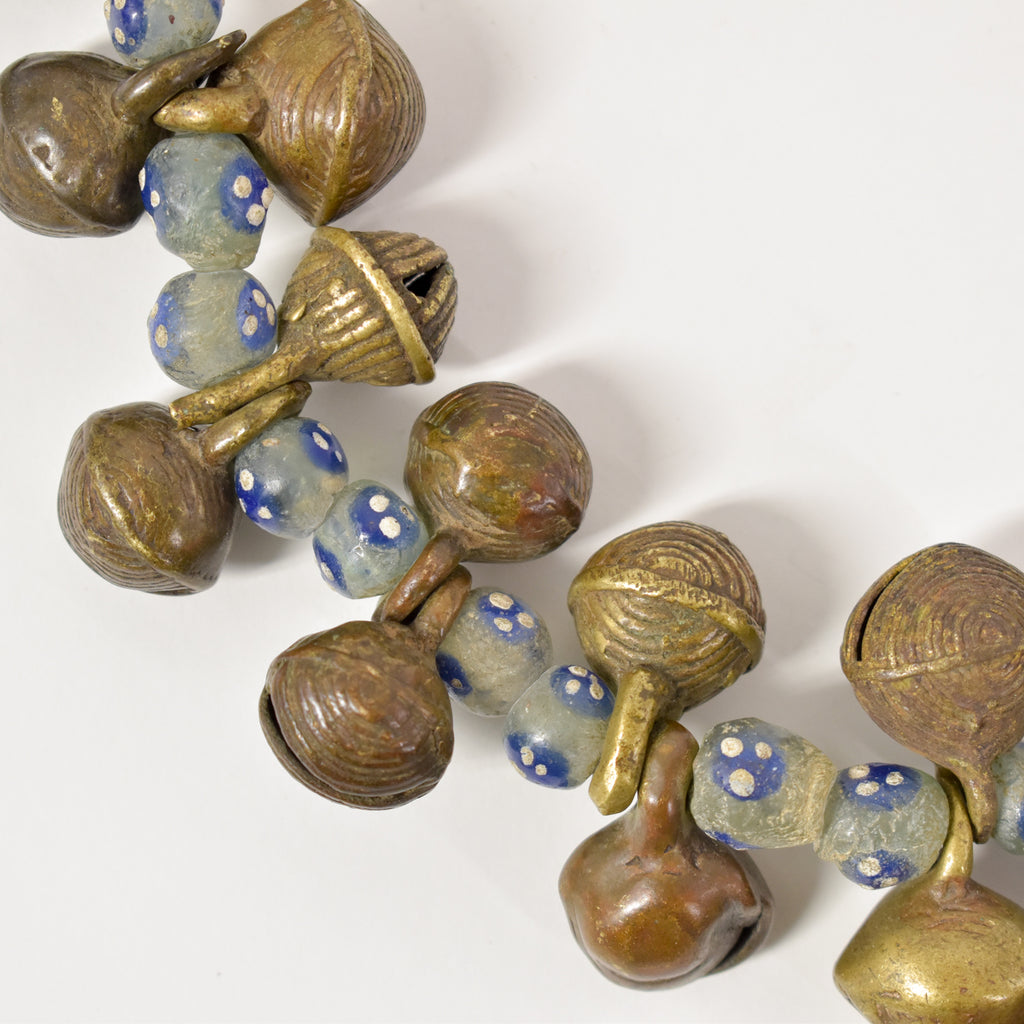 Yoruba Bells with Blue and White Skunk Venetian Trade Beads 37 inches