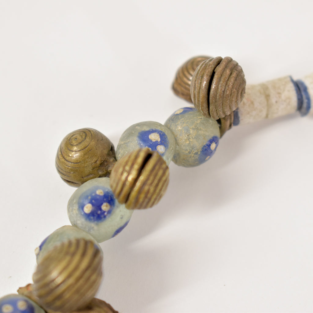 Yoruba Bells with Blue and White Skunk Venetian Trade Beads 37 inches