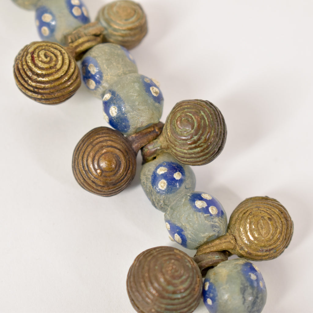 Yoruba Bells with Blue and White Skunk Venetian Trade Beads 37 inches