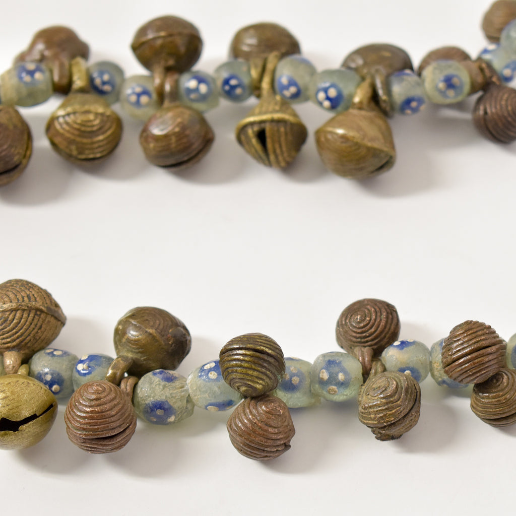 Yoruba Bells with Blue and White Skunk Venetian Trade Beads 37 inches