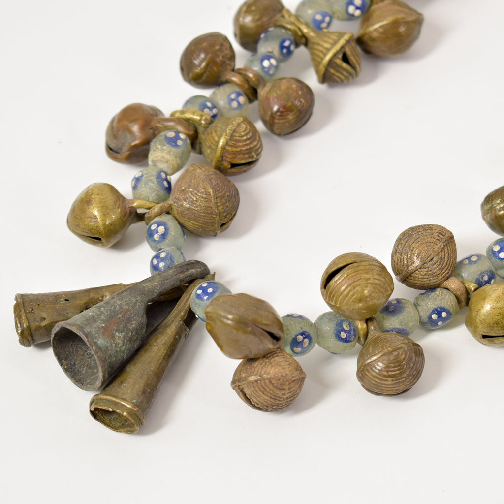 Yoruba Bells with Blue and White Skunk Venetian Trade Beads 37 inches