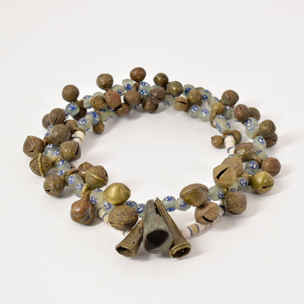 Yoruba Bells with Blue and White Skunk Venetian Trade Beads 37 inches