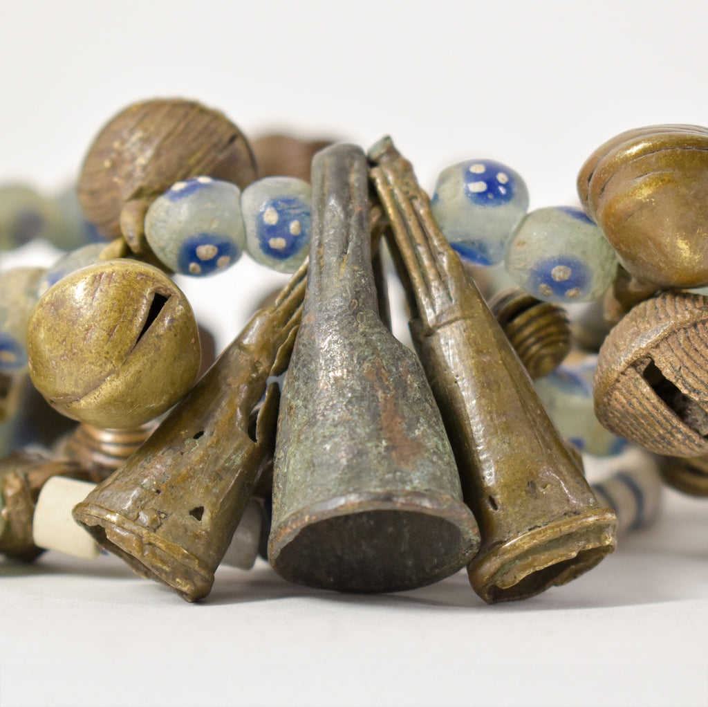 Yoruba Bells with Blue and White Skunk Venetian Trade Beads 37 inches