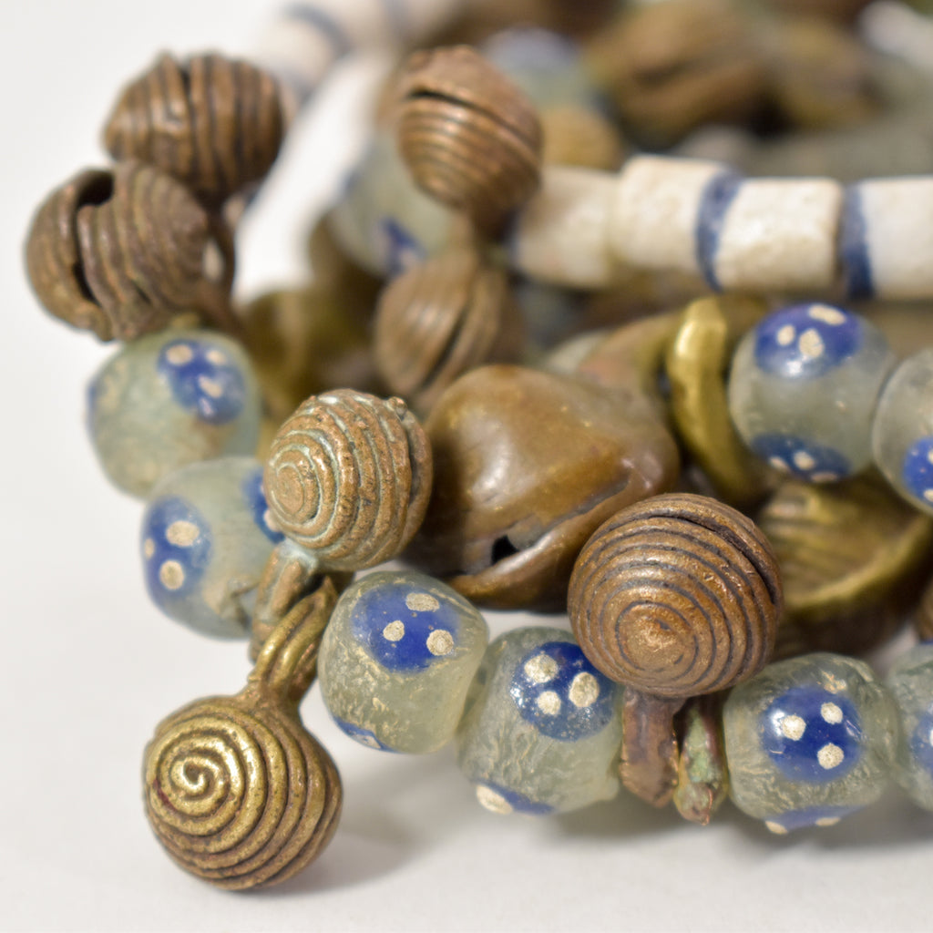 Yoruba Bells with Blue and White Skunk Venetian Trade Beads 37 inches