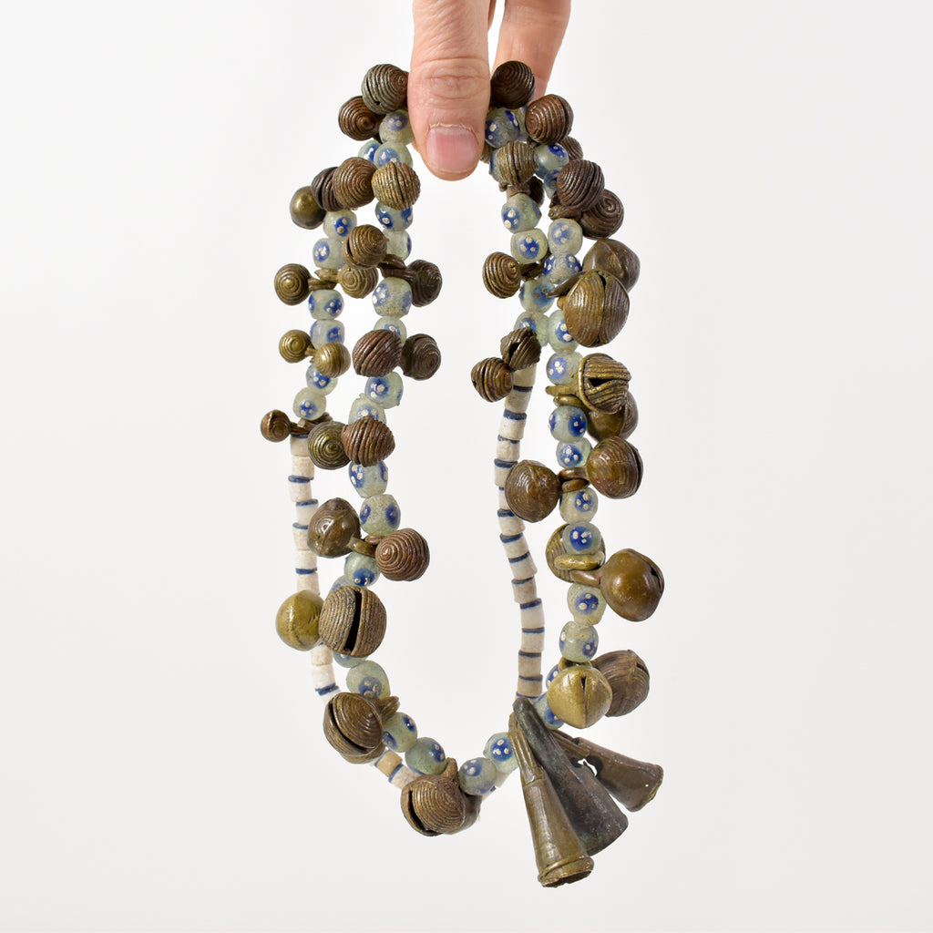 Yoruba Bells with Blue and White Skunk Venetian Trade Beads 37 inches