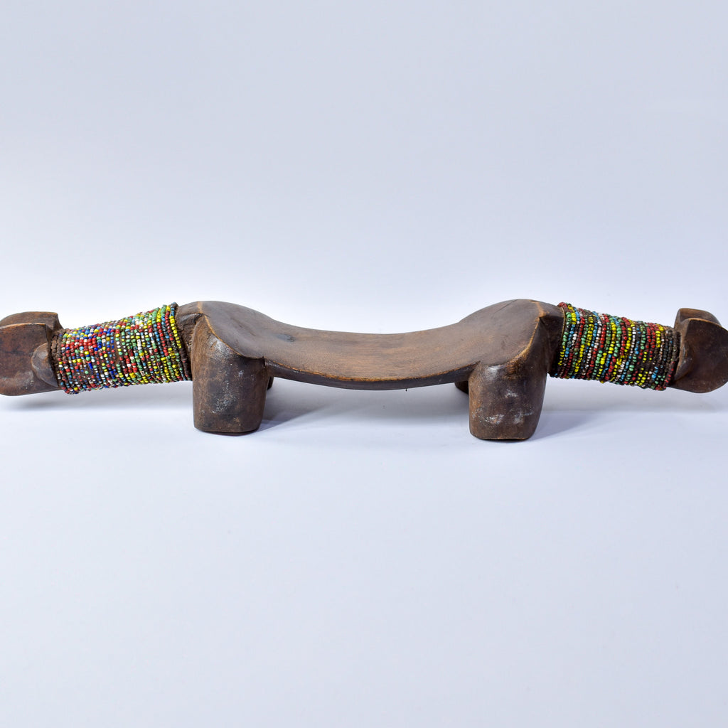Nyamwezi Wooden Headrest with Glass Bead Decoration Tanzania