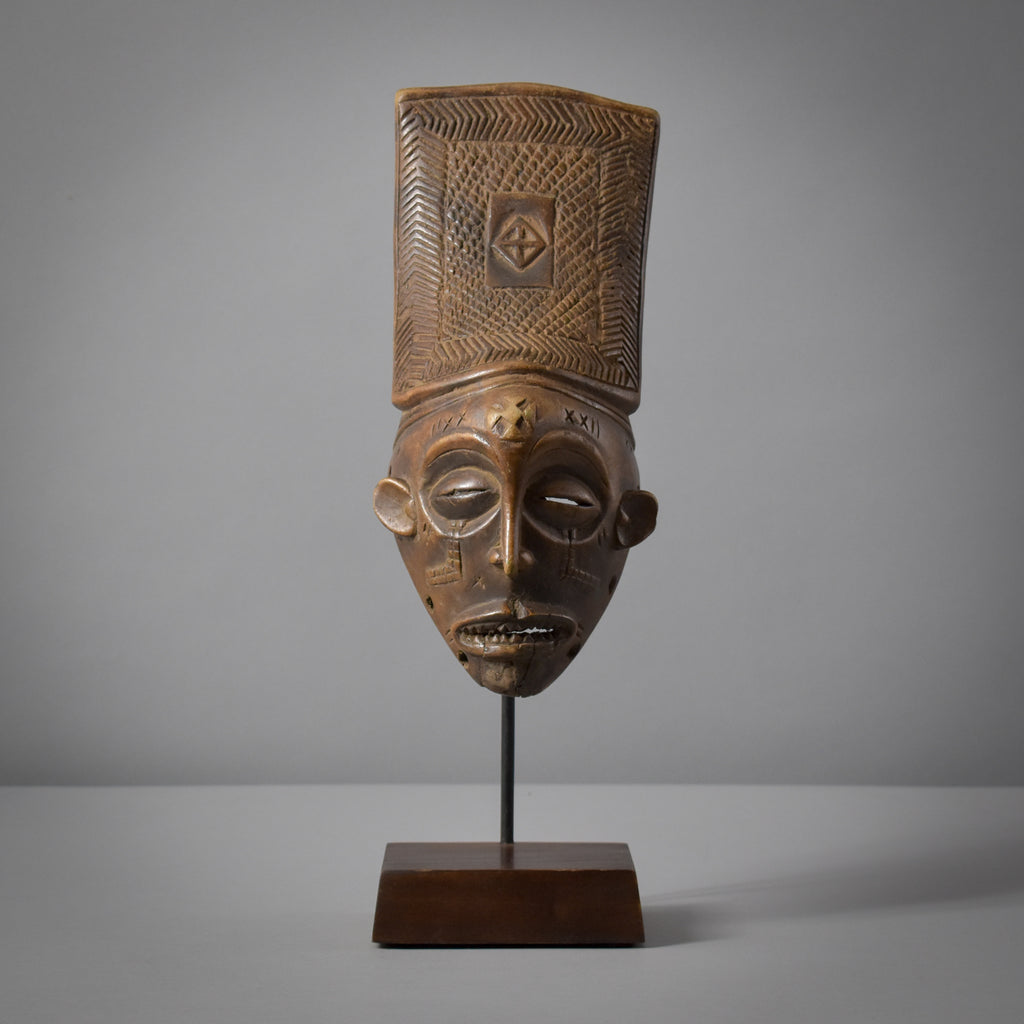 Chokwe Mwana Pwo Mask with Carved Headdress on Custom Stand Congo