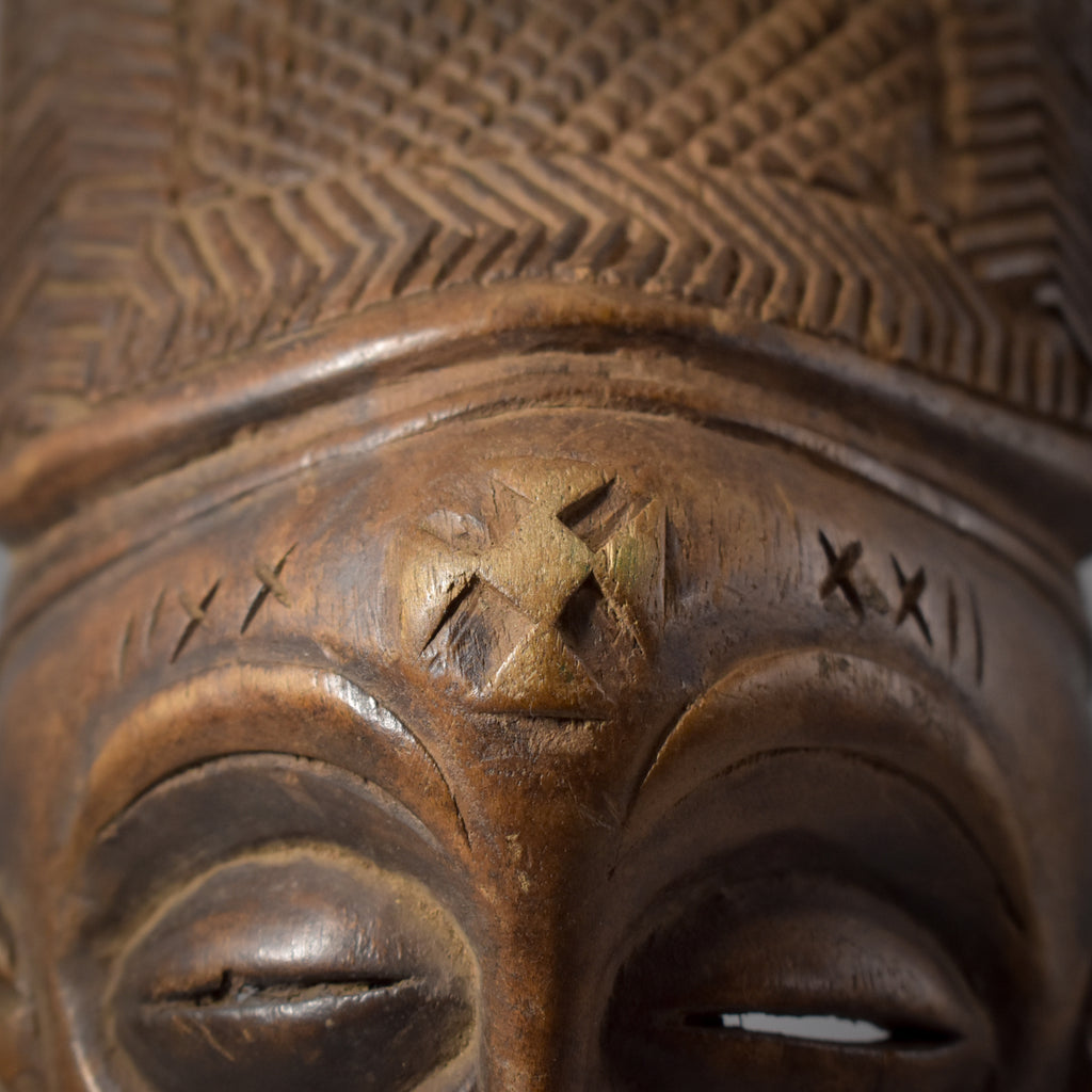 Chokwe Mwana Pwo Mask with Carved Headdress on Custom Stand Congo