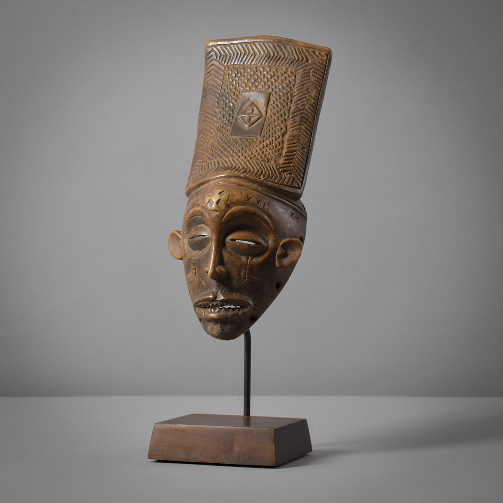 Chokwe Mwana Pwo Mask with Carved Headdress on Custom Stand Congo