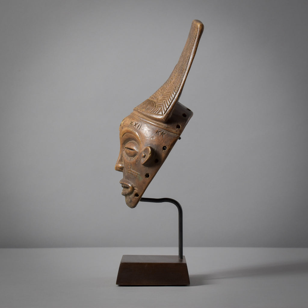 Chokwe Mwana Pwo Mask with Carved Headdress on Custom Stand Congo