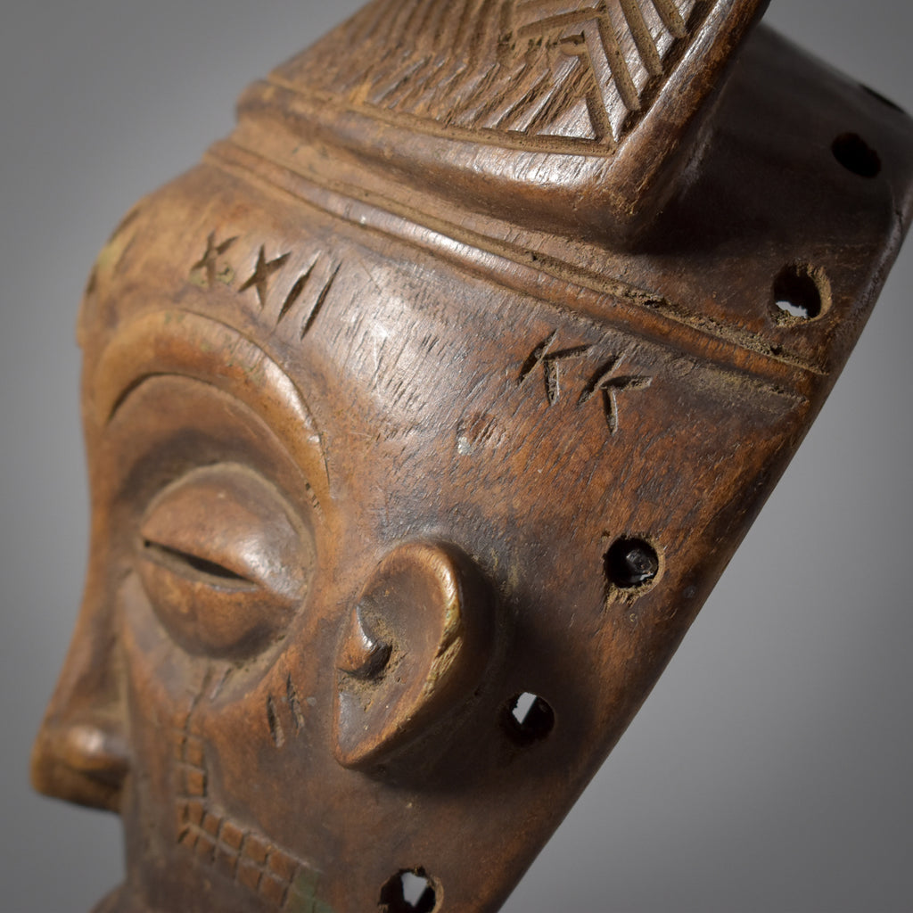 Chokwe Mwana Pwo Mask with Carved Headdress on Custom Stand Congo