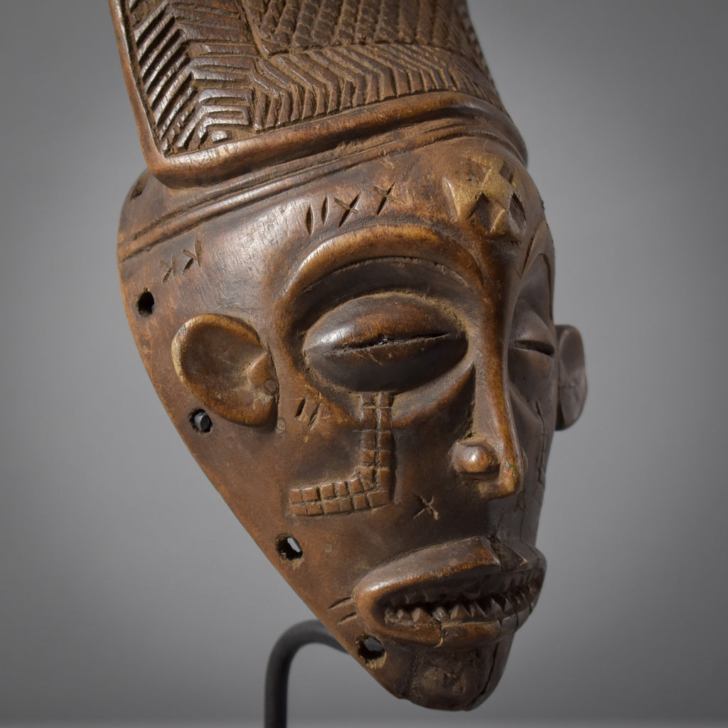 Chokwe Mwana Pwo Mask with Carved Headdress on Custom Stand Congo