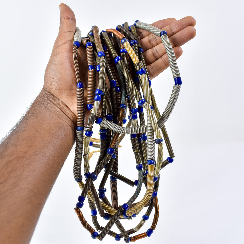 8 Strands Mixed Metal Coil and Blue Trade Bead Grab Bag Mali