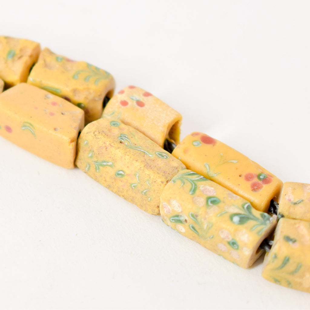 Rectangular Floral Venetian Yellow Trade Beads 33 Inch