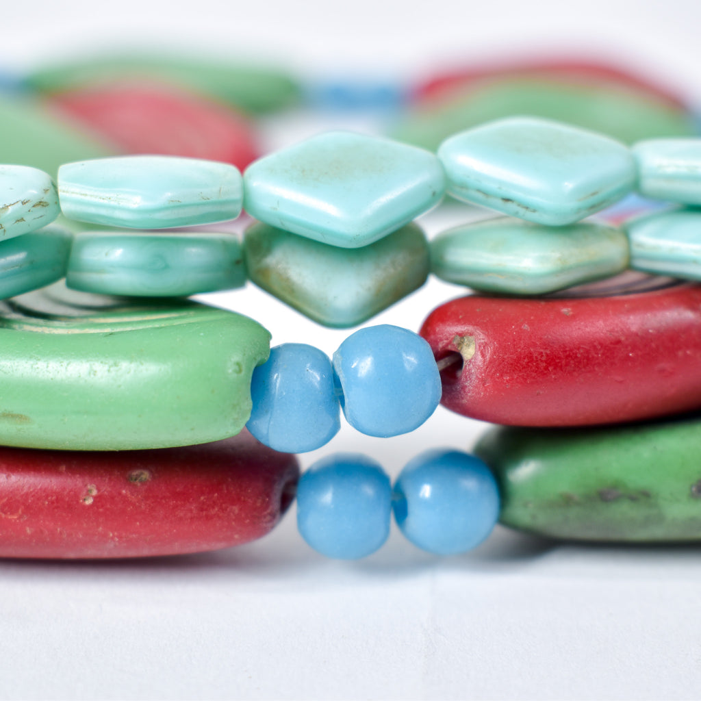 2 Strand Set Old Triangular Bohemian Red and Green Trade Beads With Blue Prosser 30 Inch