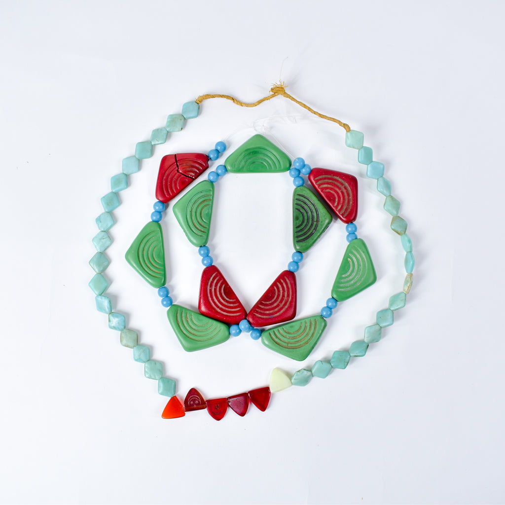 2 Strand Set Old Triangular Bohemian Red and Green Trade Beads With Blue Prosser 30 Inch