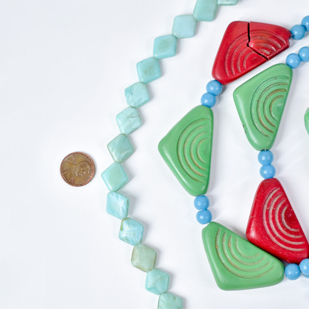 2 Strand Set Old Triangular Bohemian Red and Green Trade Beads With Blue Prosser 30 Inch